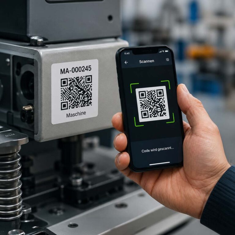 Mitarbeiter scannt mit einem Smartphone einen QR-Code an einer Maschine für die digitale Anlageninventur.